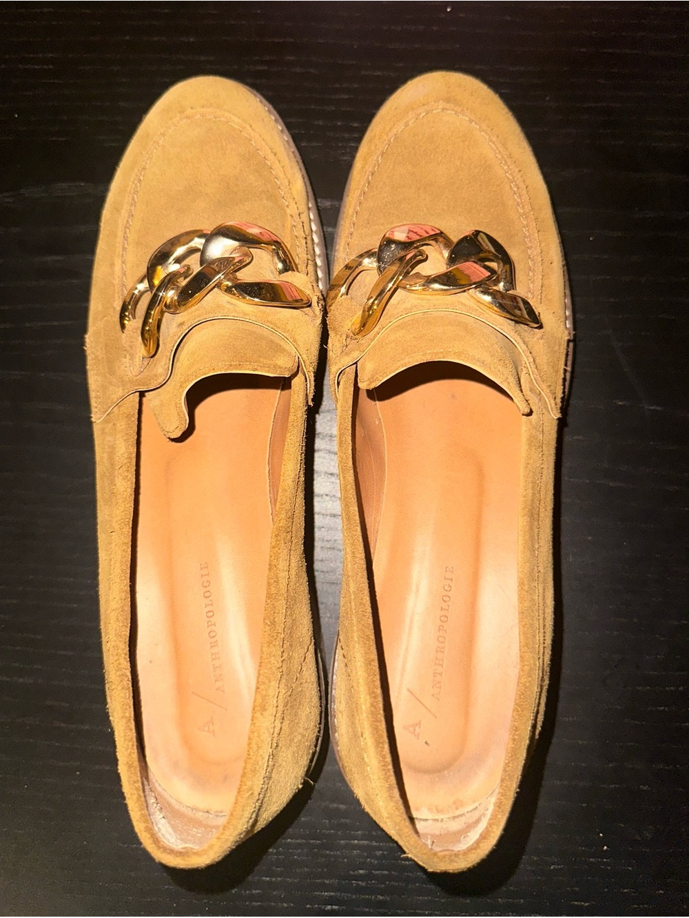 Anthropologie Suede Loafers with Gold Chain Trim in Tan - Picture 7 of 7